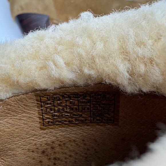 UGG Tan‎ Suede High Heel Boots With Shearling Cuff & Wooden Block Heel Size 7.5 - Picture 8 of 8
